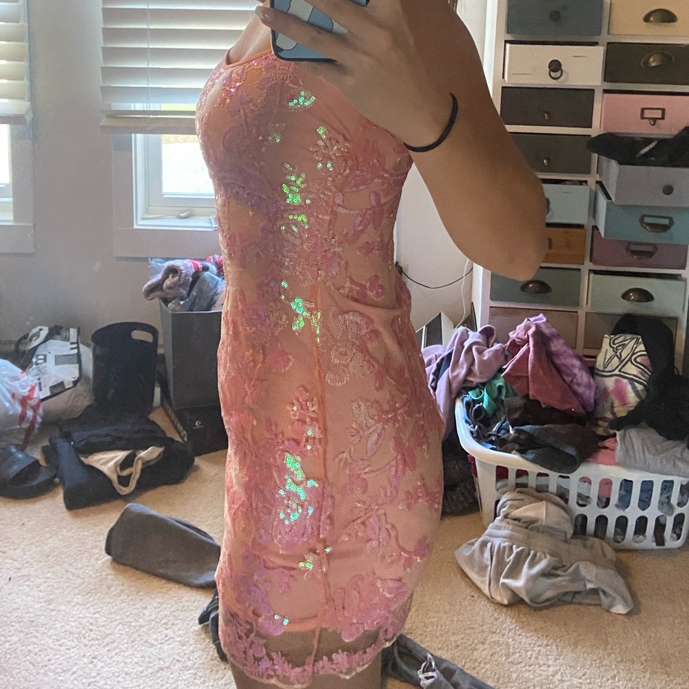 lucy in the sky light pink sparkly lace dress